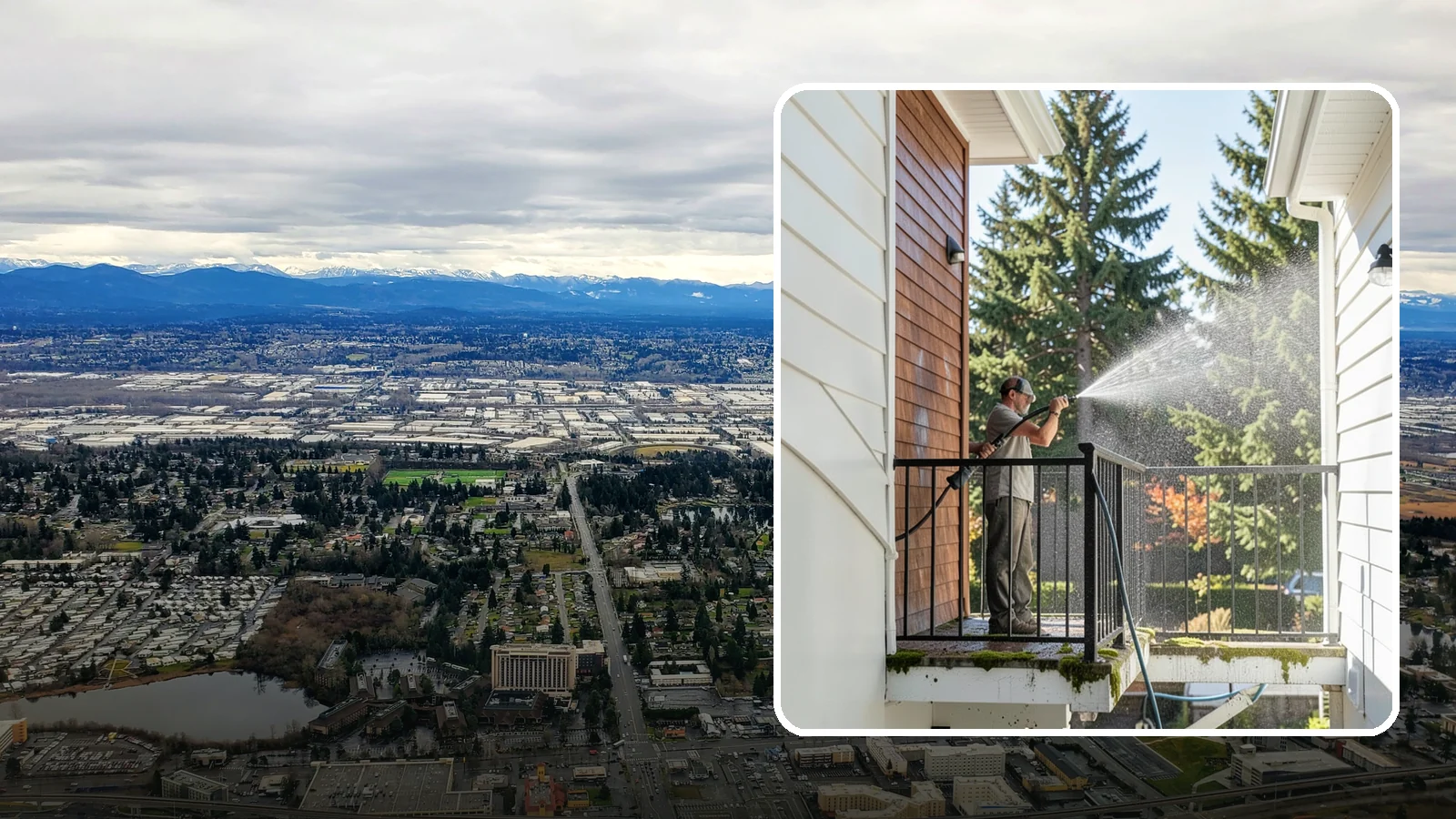 Balcony Cleaning in SeaTac, King County, WA - We wash balcony floors, rails, and undersides to lift the moss, pollen, and grime that collect on these exposed platforms.
