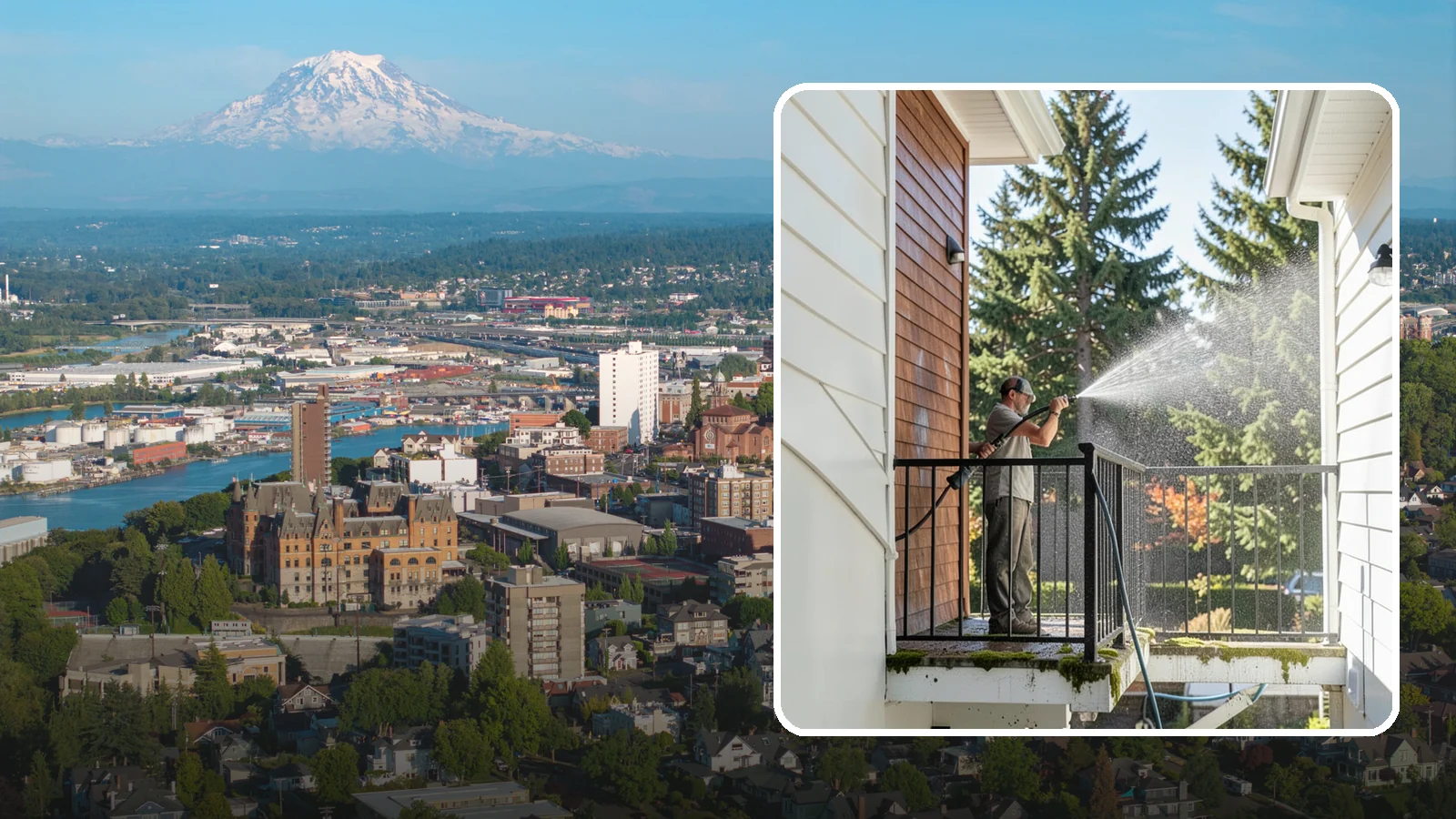 Balcony Cleaning in Tacoma, Pierce County, WA - We wash balcony floors, rails, and undersides to lift the moss, pollen, and grime that collect on these exposed platforms.