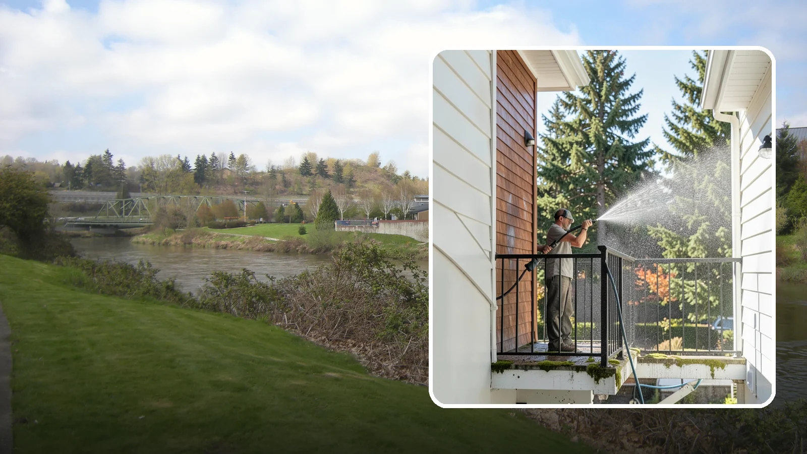 Balcony Cleaning in Tukwila, King County, WA - We wash balcony floors, rails, and undersides to lift the moss, pollen, and grime that collect on these exposed platforms.
