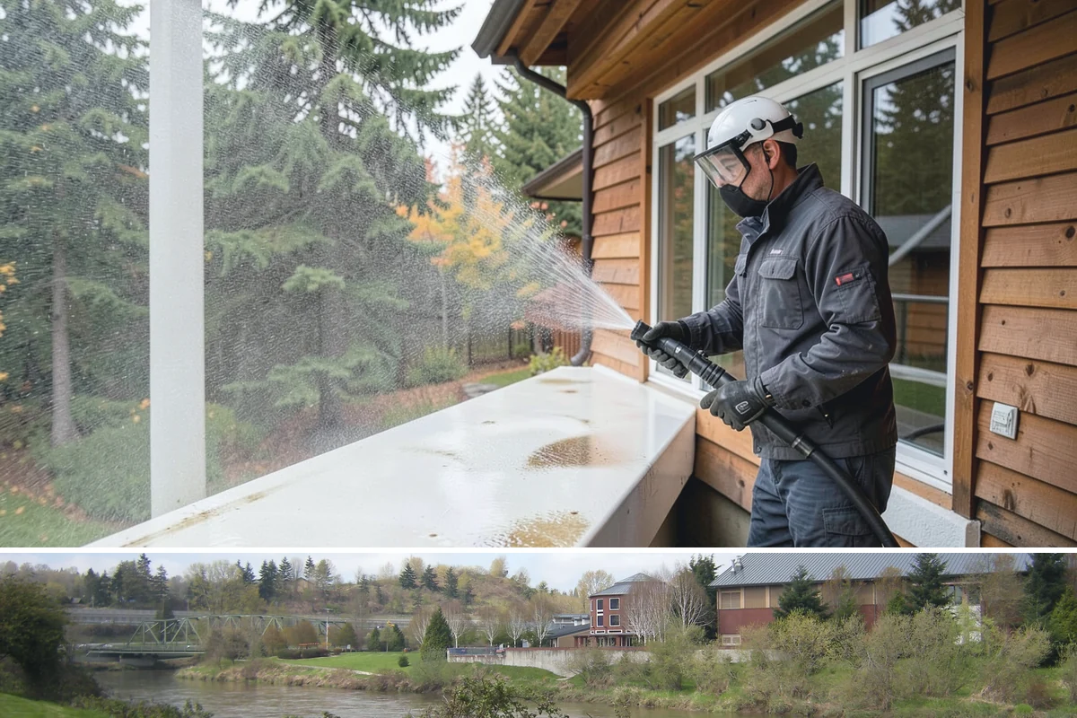 Balcony Cleaning in Tukwila, King County, WA - Late spring cleaning clears winter moss and readies the balcony for warm-weather use and open views.
