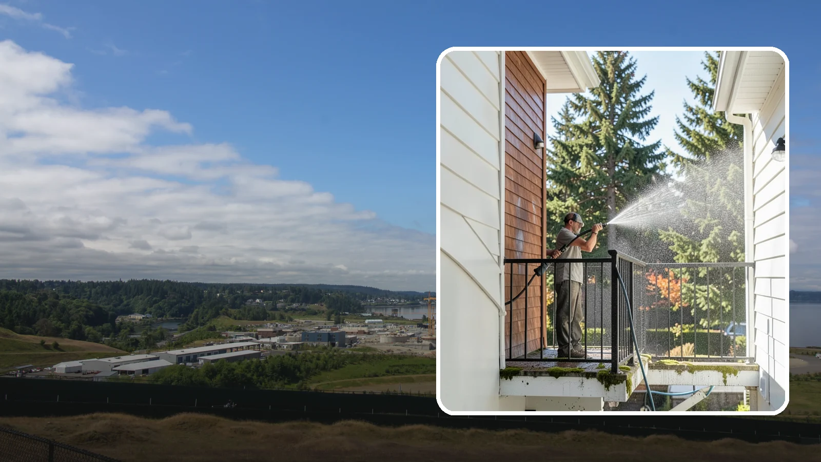 Balcony Cleaning in University Place, Pierce County, WA - We wash balcony floors, rails, and undersides to lift the moss, pollen, and grime that collect on these exposed platforms.