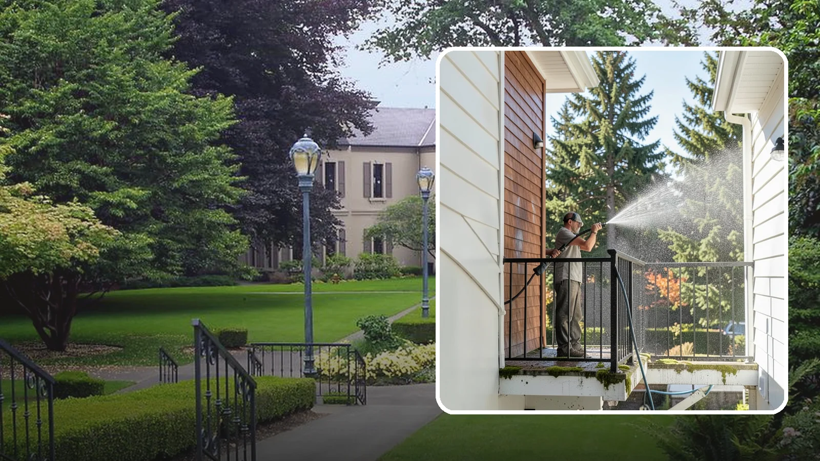 Balcony Cleaning in Woodinville, King County, WA - We wash balcony floors, rails, and undersides to lift the moss, pollen, and grime that collect on these exposed platforms.