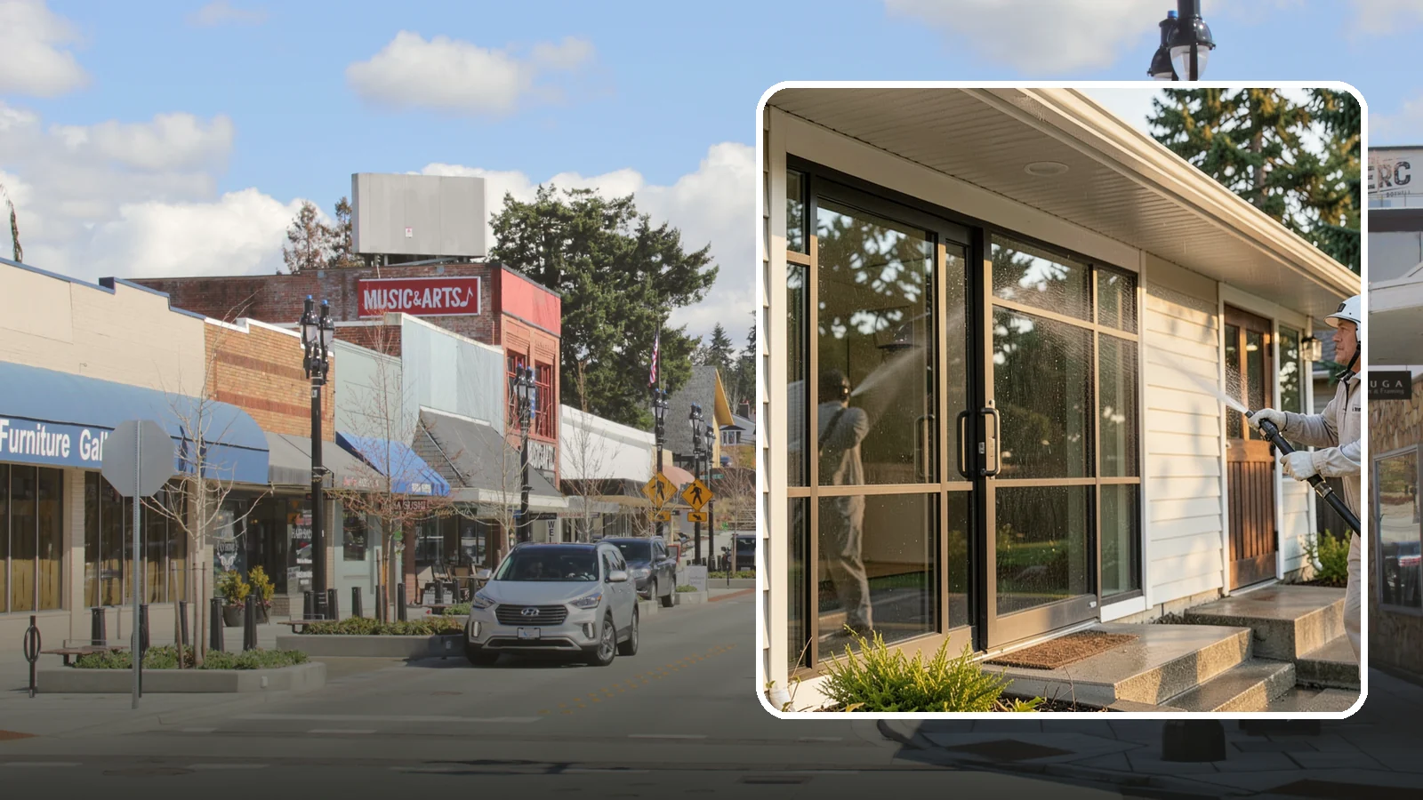 Bank Exterior Cleaning in Bothell, King County, WA - Polished exterior cleaning for banks and credit unions that keeps facades, entrances, ATM areas, and drive-up lanes looking...