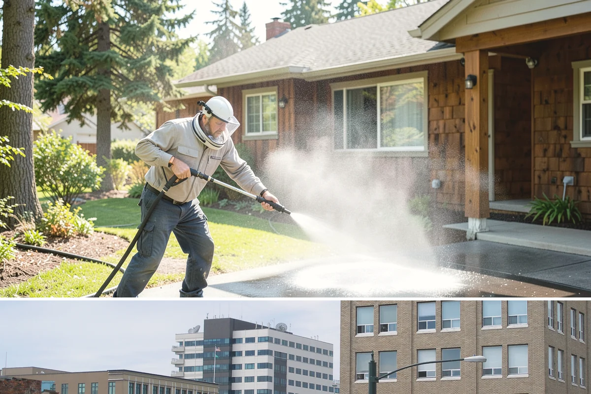 Bank Exterior Cleaning in Everett, Snohomish County, WA - Quarterly cleaning keeps a bank exterior consistently sharp, with added attention in spring when pollen and algae peak.