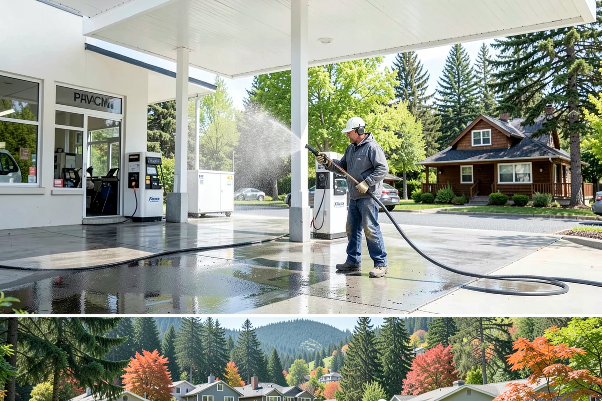 Bank Exterior Cleaning in Fircrest, Pierce County, WA - Quarterly cleaning keeps a bank exterior consistently sharp, with added attention in spring when pollen and algae peak.