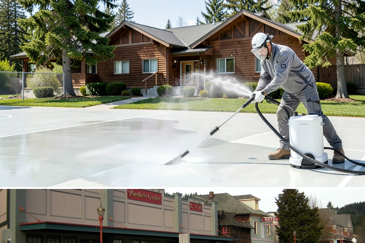 Bank Exterior Cleaning in Issaquah, King County, WA - Quarterly cleaning keeps a bank exterior consistently sharp, with added attention in spring when pollen and algae peak.