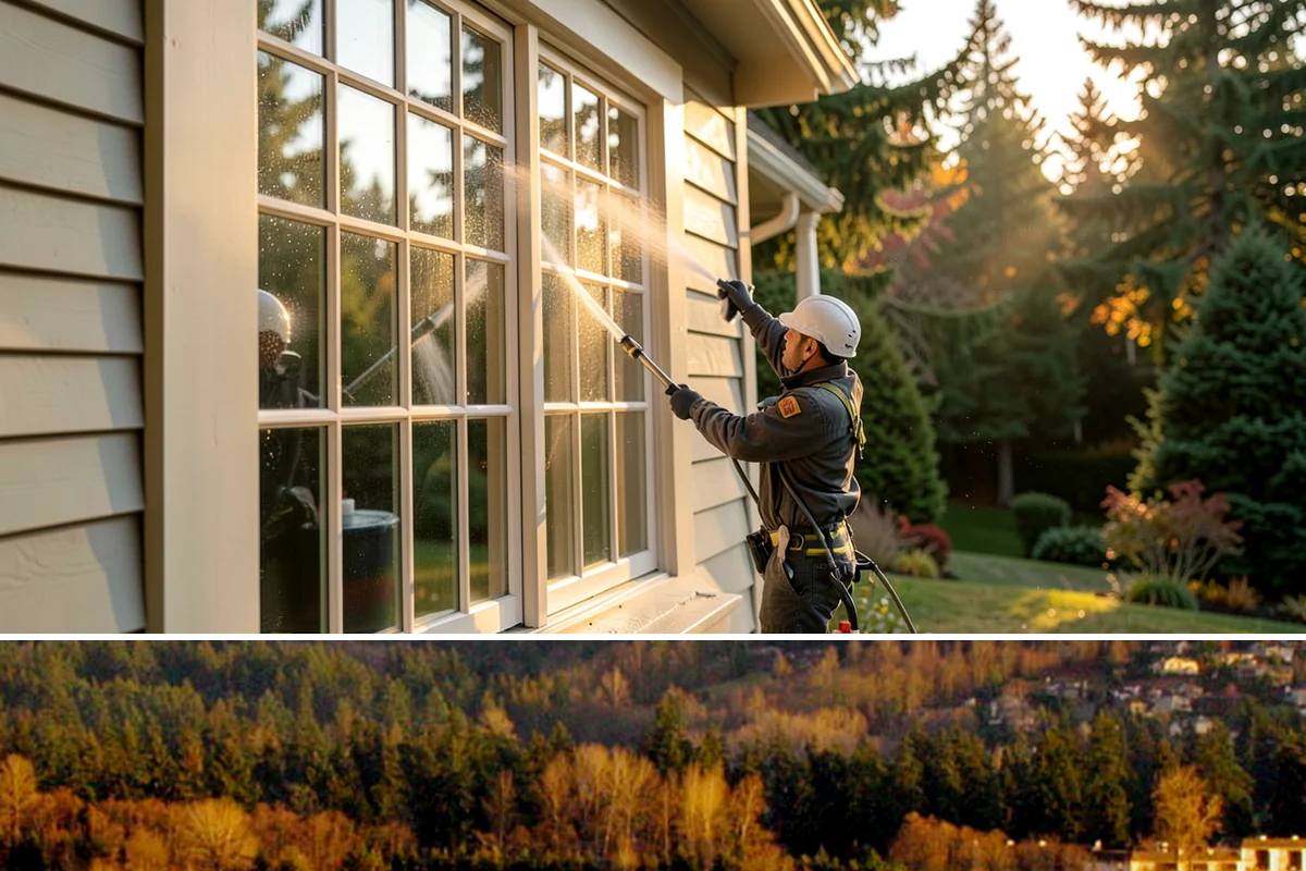 Bank Exterior Cleaning in Kenmore, King County, WA - Quarterly cleaning keeps a bank exterior consistently sharp, with added attention in spring when pollen and algae peak.