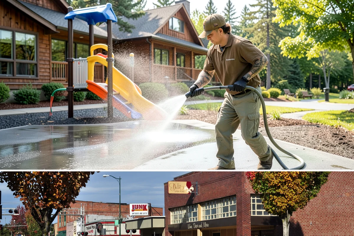 Bank Exterior Cleaning in Puyallup, Pierce County, WA - Quarterly cleaning keeps a bank exterior consistently sharp, with added attention in spring when pollen and algae peak.