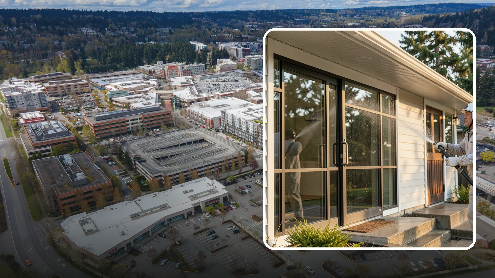 Bank Exterior Cleaning in Redmond, King County, WA - Polished exterior cleaning for banks and credit unions that keeps facades, entrances, ATM areas, and drive-up lanes looking...