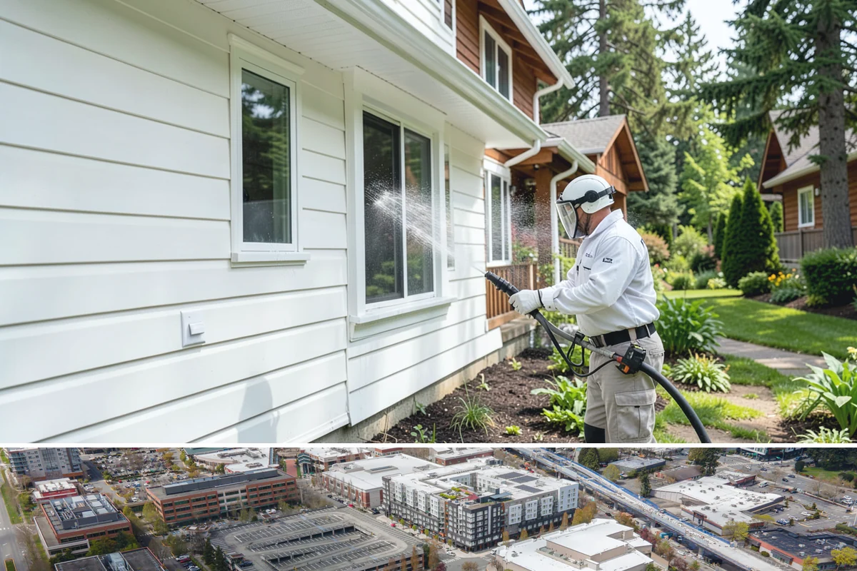 Bank Exterior Cleaning in Redmond, King County, WA - Quarterly cleaning keeps a bank exterior consistently sharp, with added attention in spring when pollen and algae peak.