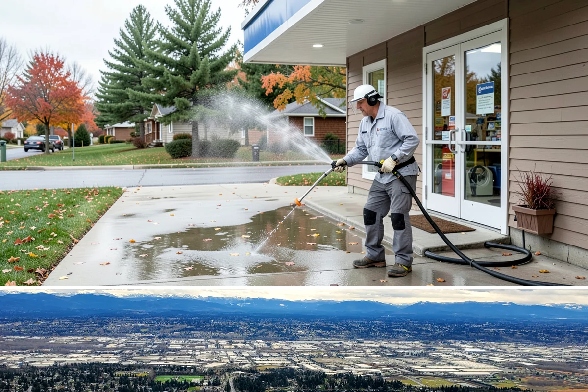 Bank Exterior Cleaning in SeaTac, King County, WA - Quarterly cleaning keeps a bank exterior consistently sharp, with added attention in spring when pollen and algae peak.
