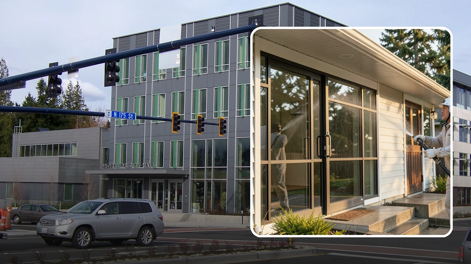 Bank Exterior Cleaning in Shoreline, King County, WA - Polished exterior cleaning for banks and credit unions that keeps facades, entrances, ATM areas, and drive-up lanes looking...