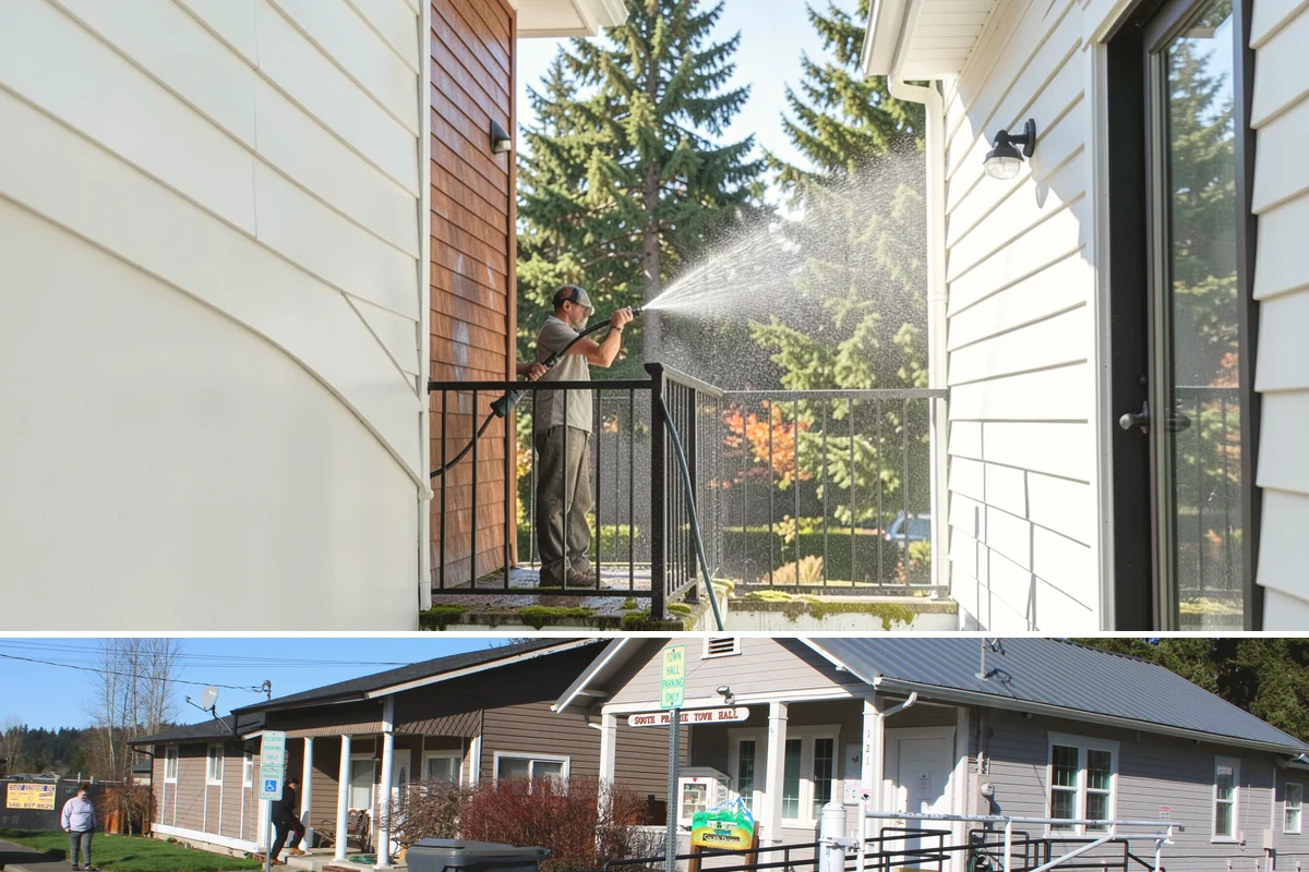 Bank Exterior Cleaning in South Prairie, Pierce County, WA - Quarterly cleaning keeps a bank exterior consistently sharp, with added attention in spring when pollen and algae peak.