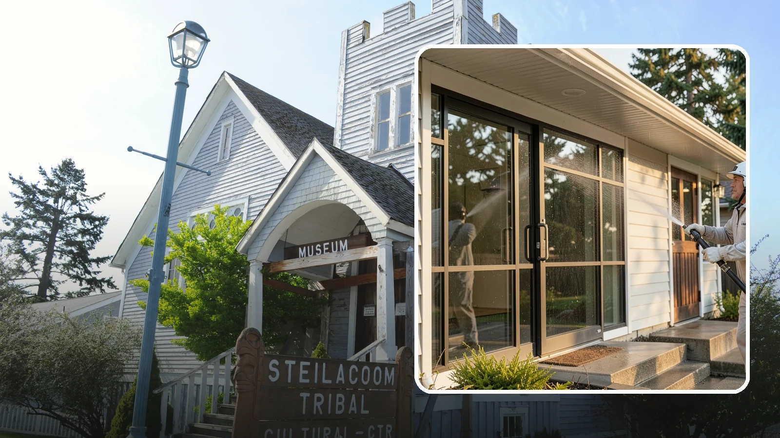 Bank Exterior Cleaning in Steilacoom, Pierce County, WA - Polished exterior cleaning for banks and credit unions that keeps facades, entrances, ATM areas, and drive-up lanes looking...