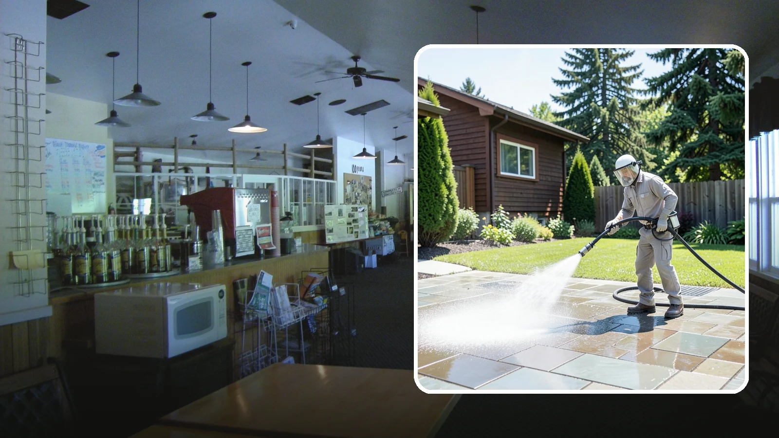 Bar & Restaurant Patio Cleaning in Black Diamond, King County, WA - Deep patio cleaning for bars and restaurants that removes grease, food spills, gum, and algae from the outdoor dining areas...