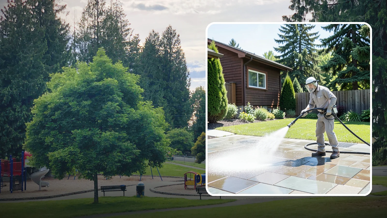 Bar & Restaurant Patio Cleaning in Bonney Lake, Pierce County, WA - Deep patio cleaning for bars and restaurants that removes grease, food spills, gum, and algae from the outdoor dining areas...