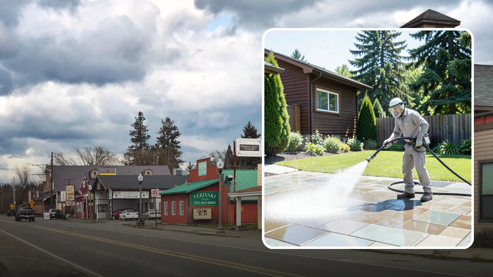 Bar & Restaurant Patio Cleaning in Roy, Pierce County, WA - Deep patio cleaning for bars and restaurants that removes grease, food spills, gum, and algae from the outdoor dining areas...