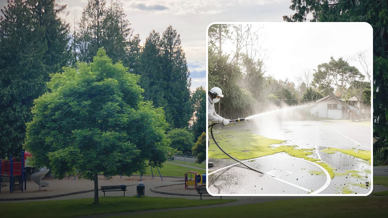 Basketball Court Cleaning in Bonney Lake, Pierce County, WA - We clean residential and community basketball courts, clearing the moss and algae that make Washington sport surfaces dangerously...