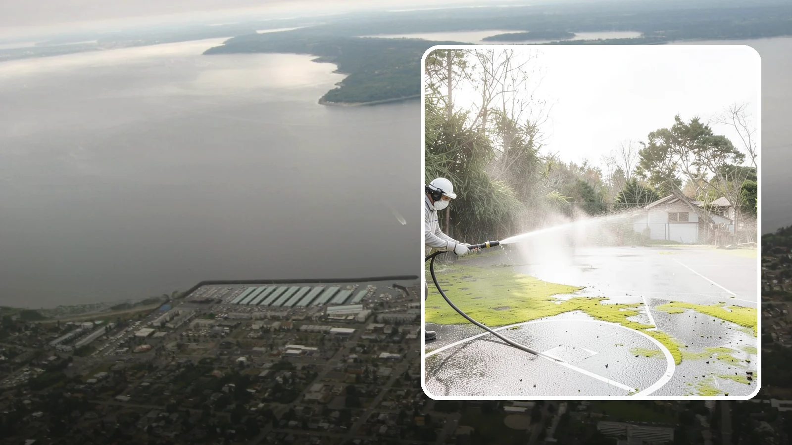 Basketball Court Cleaning in Des Moines, King County, WA - We clean residential and community basketball courts, clearing the moss and algae that make Washington sport surfaces dangerously...