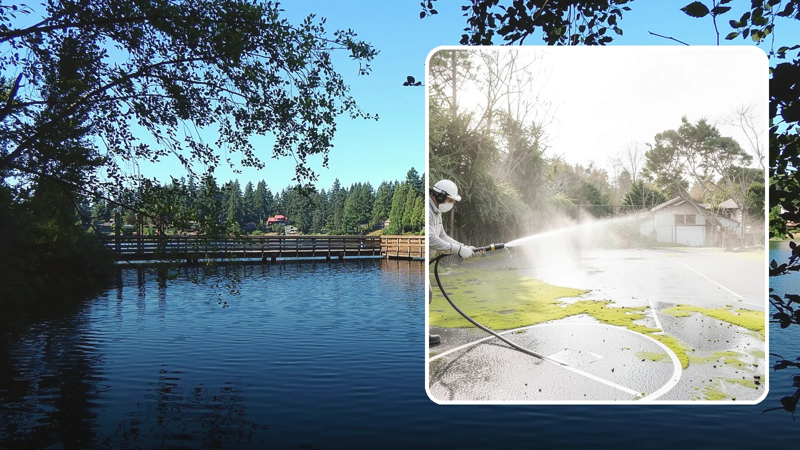 Basketball Court Cleaning in Federal Way, King County, WA - We clean residential and community basketball courts, clearing the moss and algae that make Washington sport surfaces dangerously...