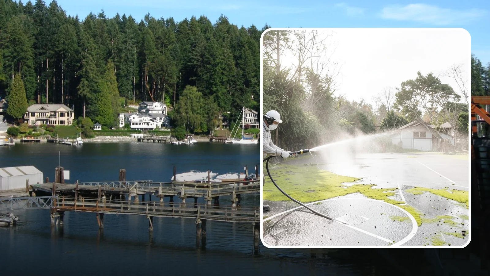 Basketball Court Cleaning in Gig Harbor, Pierce County, WA - We clean residential and community basketball courts, clearing the moss and algae that make Washington sport surfaces dangerously...