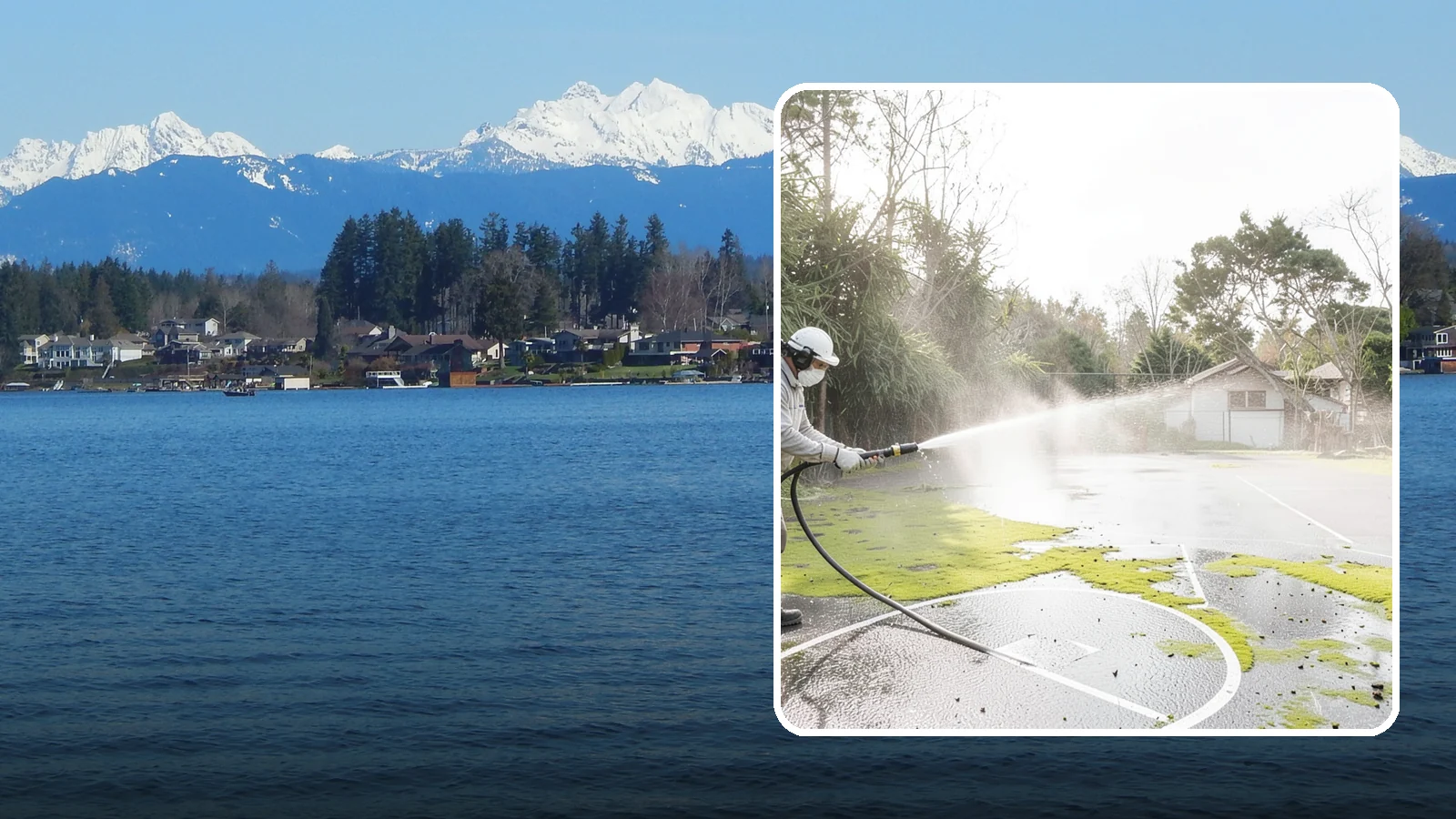 Basketball Court Cleaning in Lake Stevens, Snohomish County, WA - We clean residential and community basketball courts, clearing the moss and algae that make Washington sport surfaces dangerously...