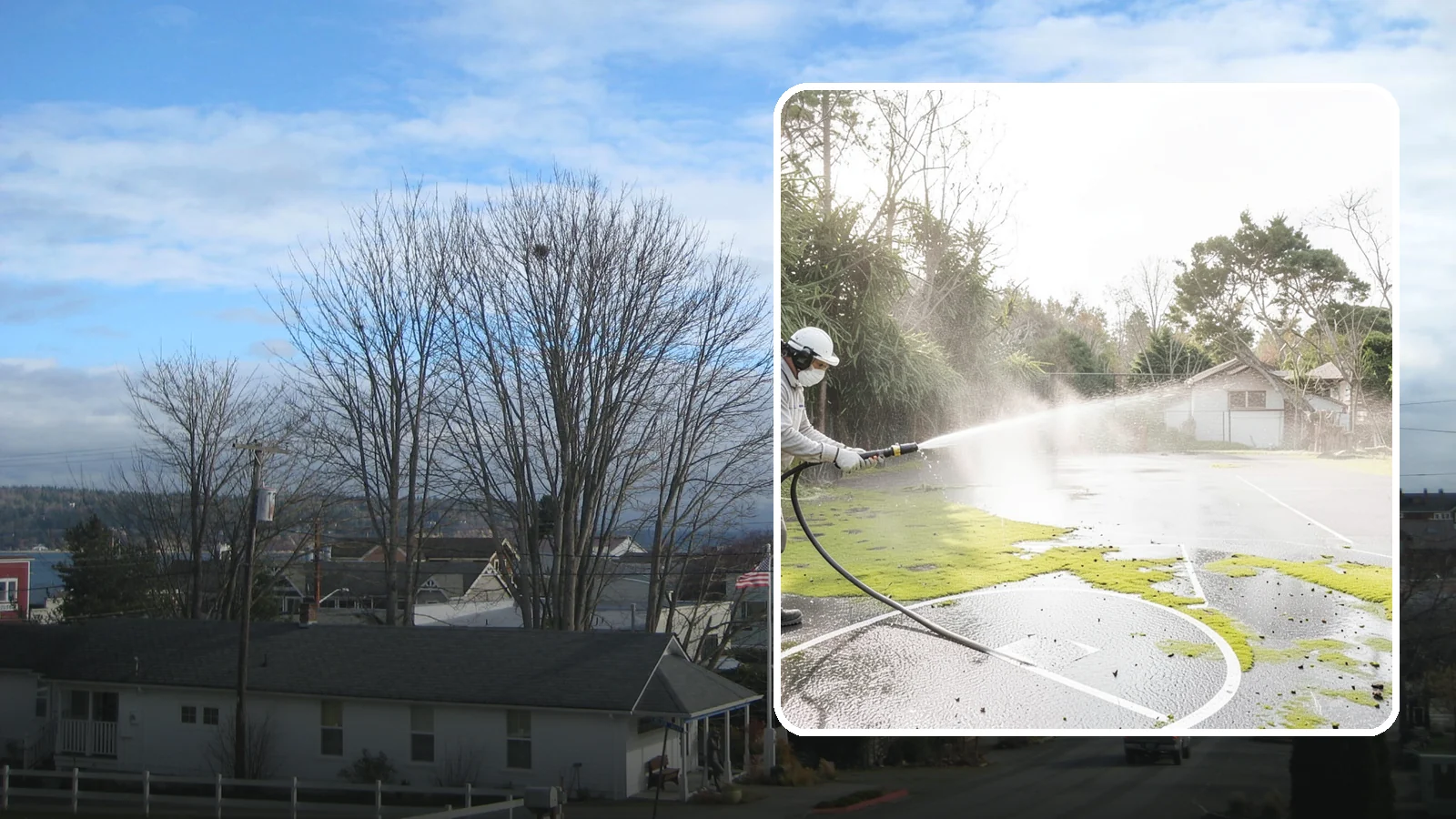 Basketball Court Cleaning in Langley, Island County, WA - We clean residential and community basketball courts, clearing the moss and algae that make Washington sport surfaces dangerously...