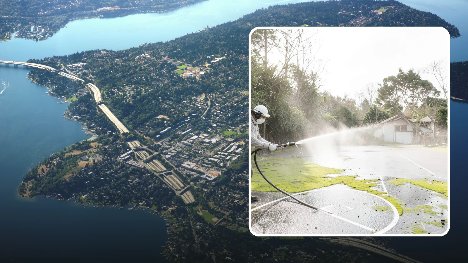 Basketball Court Cleaning in Mercer Island, King County, WA - We clean residential and community basketball courts, clearing the moss and algae that make Washington sport surfaces dangerously...