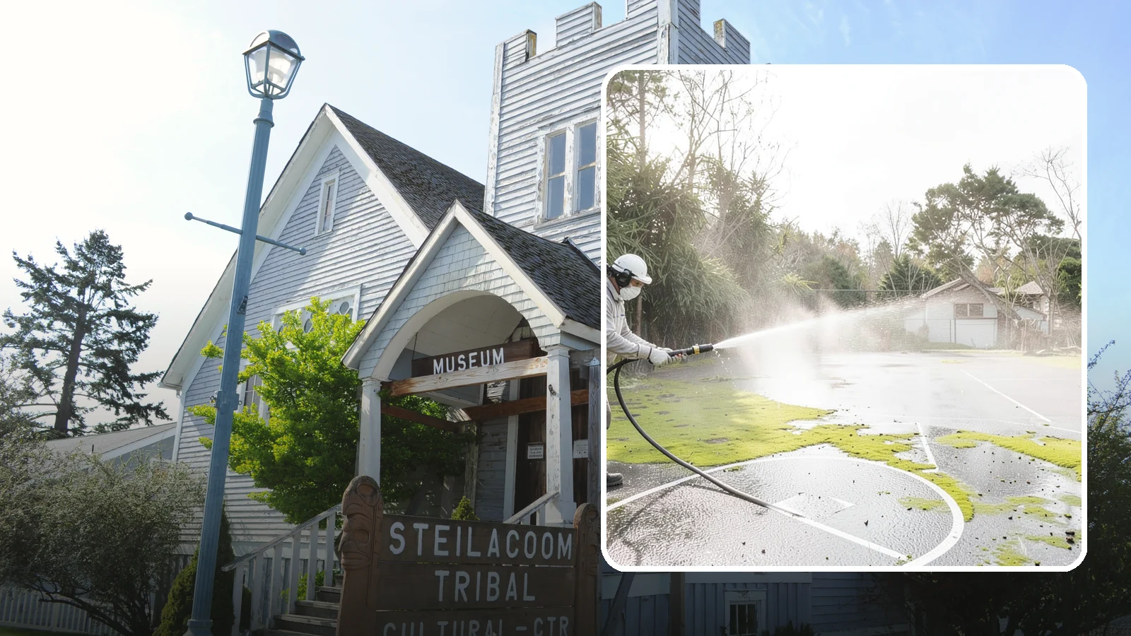Basketball Court Cleaning in Steilacoom, Pierce County, WA - We clean residential and community basketball courts, clearing the moss and algae that make Washington sport surfaces dangerously...