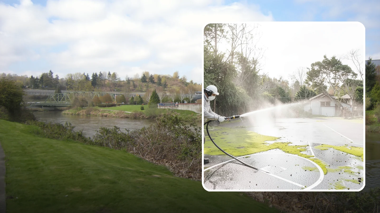 Basketball Court Cleaning in Tukwila, King County, WA - We clean residential and community basketball courts, clearing the moss and algae that make Washington sport surfaces dangerously...