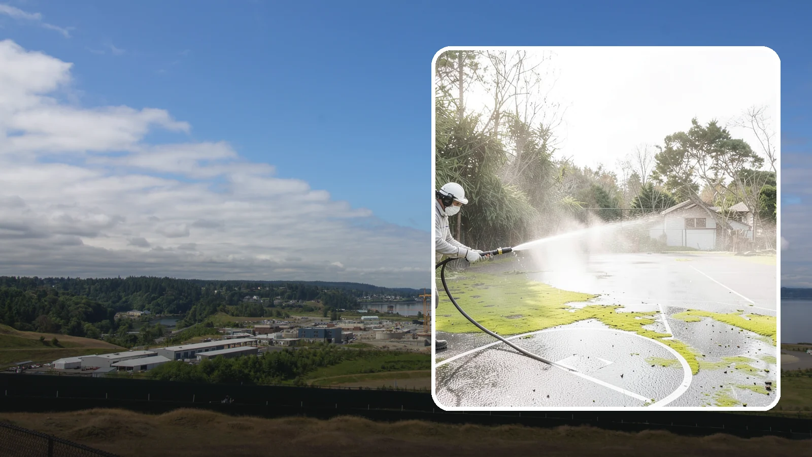 Basketball Court Cleaning in University Place, Pierce County, WA - We clean residential and community basketball courts, clearing the moss and algae that make Washington sport surfaces dangerously...