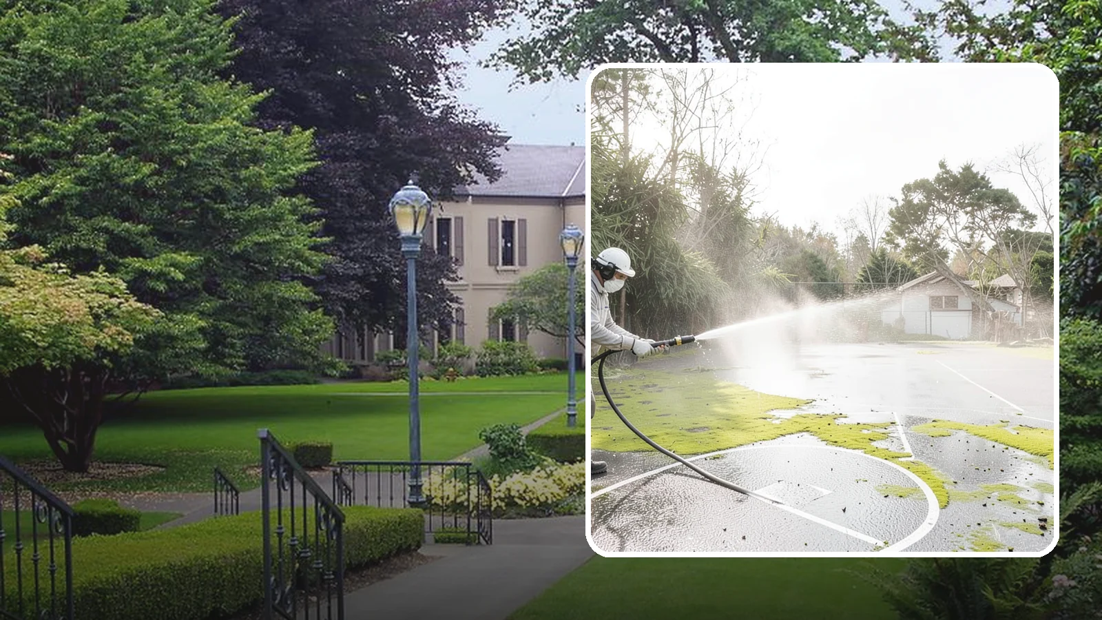 Basketball Court Cleaning in Woodinville, King County, WA - We clean residential and community basketball courts, clearing the moss and algae that make Washington sport surfaces dangerously...