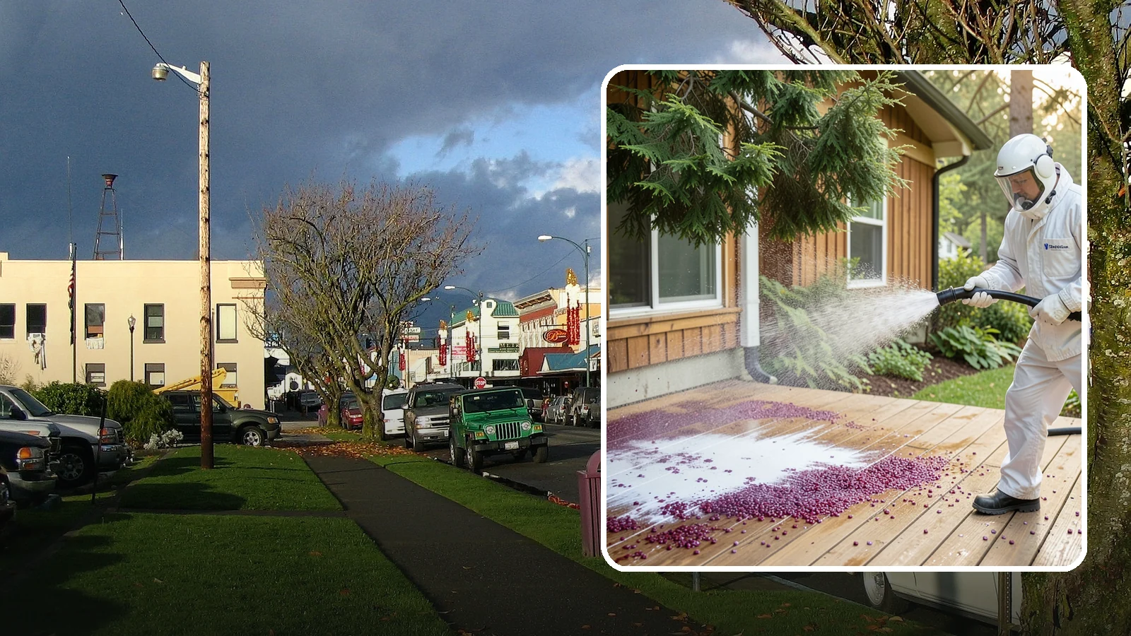 Berry Stain Removal in Arlington, Snohomish County, WA - Removal of purple and red berry stains that birds and overhanging shrubs drop onto decks, patios, and walkways.