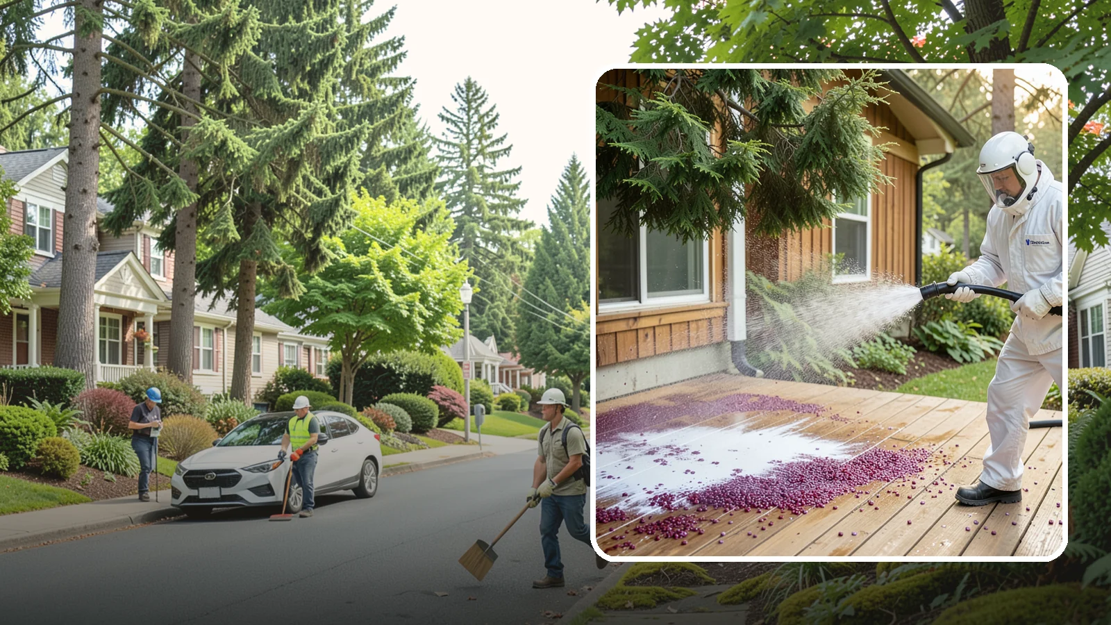 Berry Stain Removal in Beaux Arts Village, King County, WA - Removal of purple and red berry stains that birds and overhanging shrubs drop onto decks, patios, and walkways.