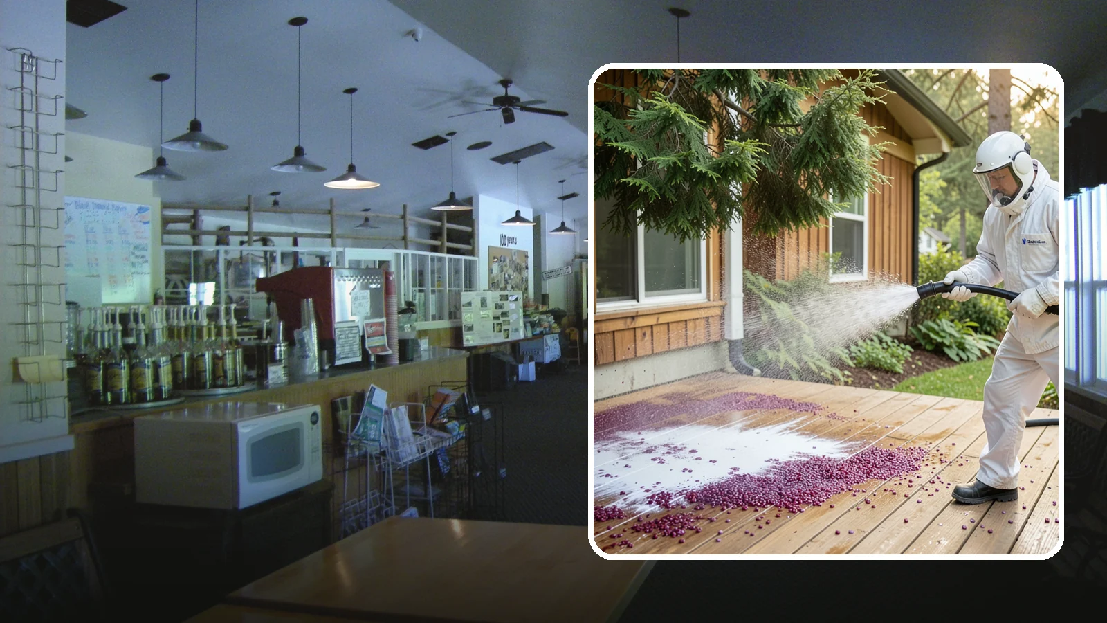 Berry Stain Removal in Black Diamond, King County, WA - Removal of purple and red berry stains that birds and overhanging shrubs drop onto decks, patios, and walkways.