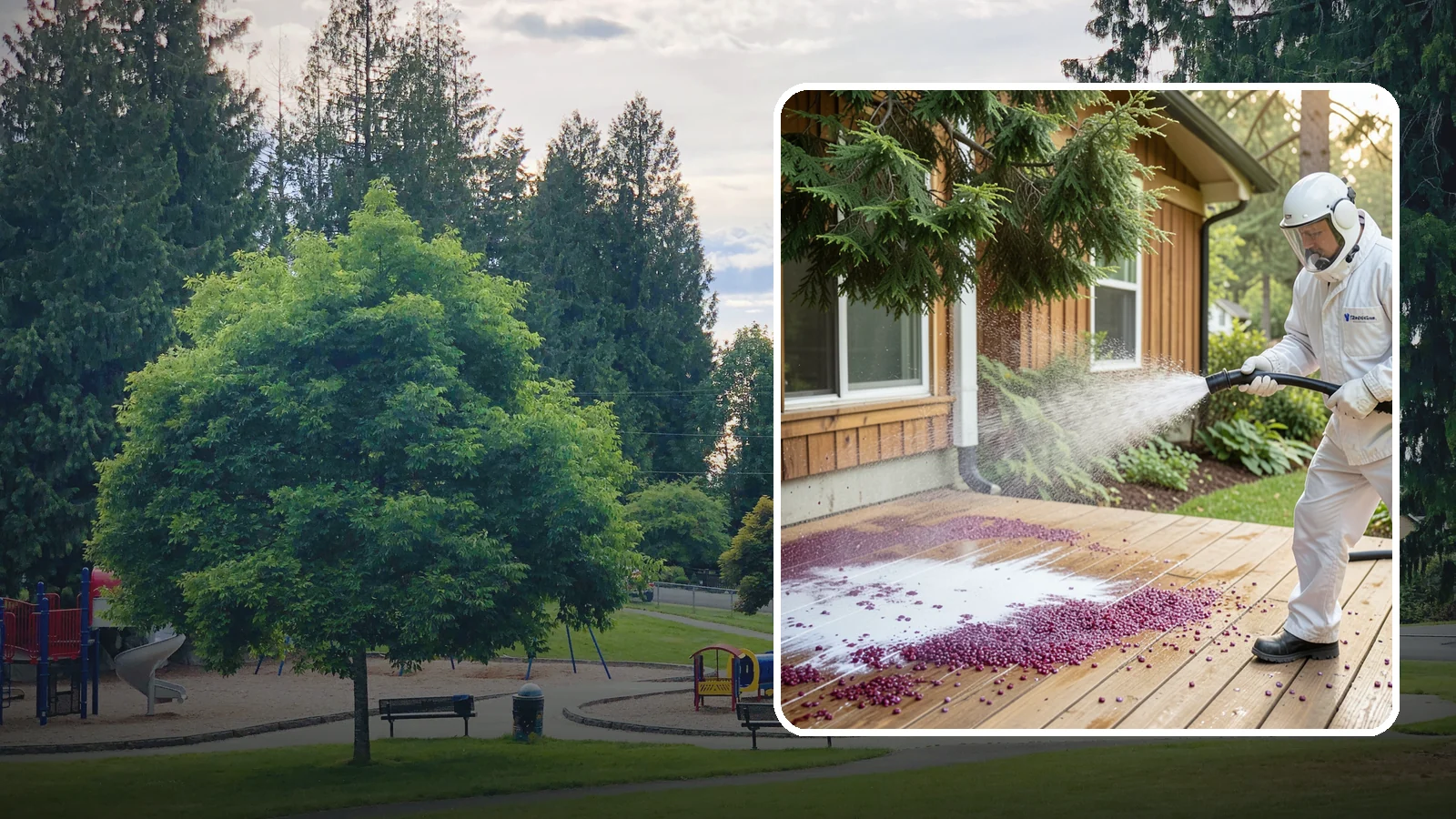 Berry Stain Removal in Bonney Lake, Pierce County, WA - Removal of purple and red berry stains that birds and overhanging shrubs drop onto decks, patios, and walkways.
