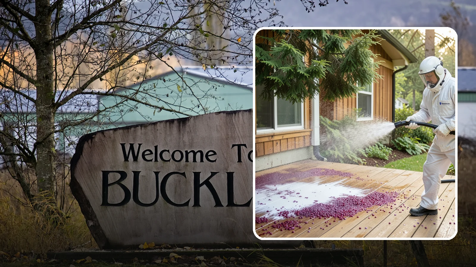 Berry Stain Removal in Buckley, Pierce County, WA - Removal of purple and red berry stains that birds and overhanging shrubs drop onto decks, patios, and walkways.