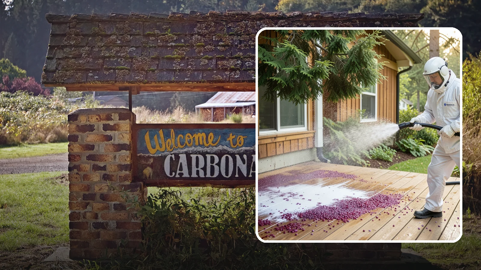 Berry Stain Removal in Carbonado, Pierce County, WA - Removal of purple and red berry stains that birds and overhanging shrubs drop onto decks, patios, and walkways.