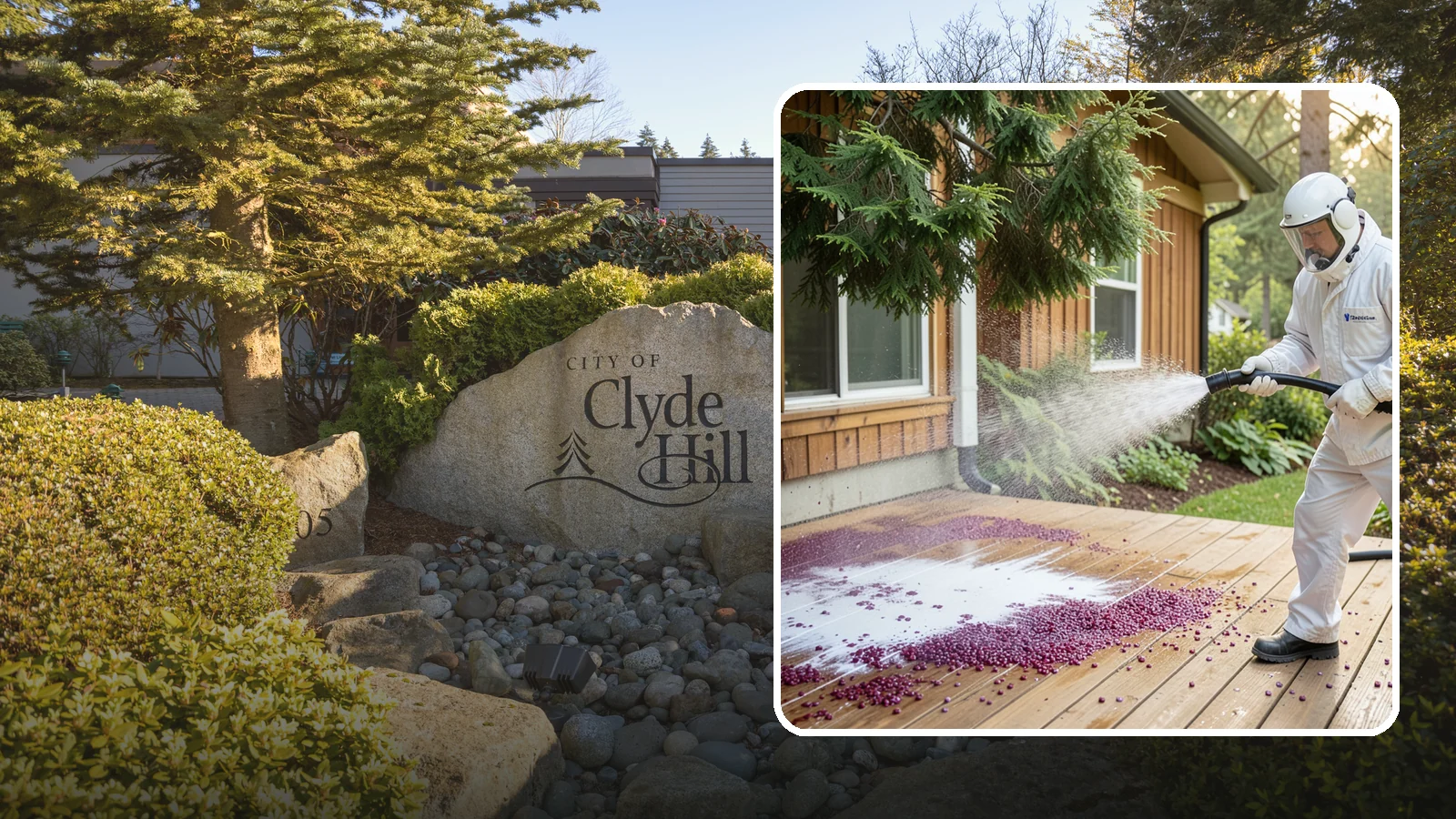 Berry Stain Removal in Clyde Hill, King County, WA - Removal of purple and red berry stains that birds and overhanging shrubs drop onto decks, patios, and walkways.