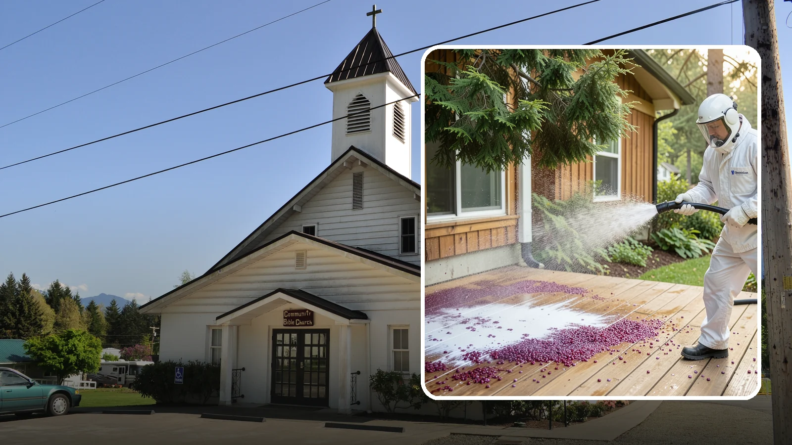 Berry Stain Removal in Concrete, Skagit County, WA - Removal of purple and red berry stains that birds and overhanging shrubs drop onto decks, patios, and walkways.