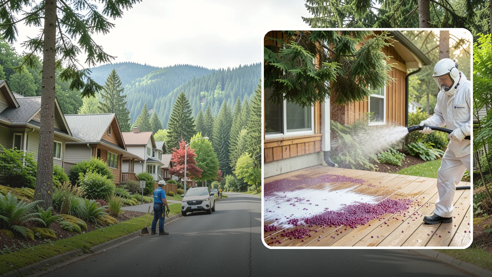 Berry Stain Removal in Darrington, Snohomish County, WA - Removal of purple and red berry stains that birds and overhanging shrubs drop onto decks, patios, and walkways.