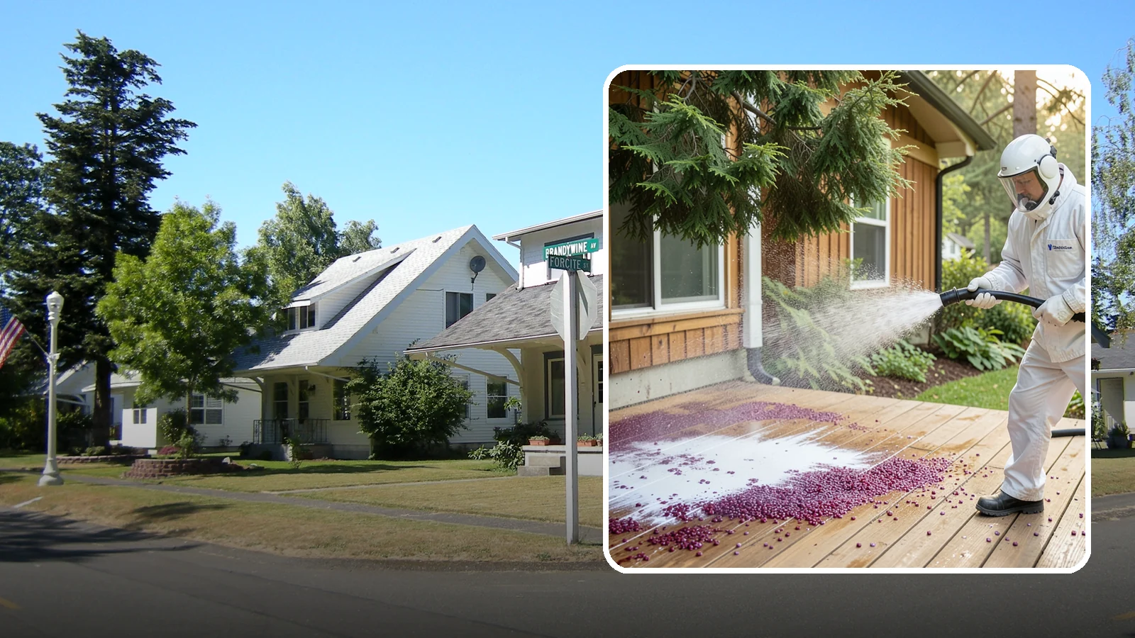 Berry Stain Removal in DuPont, Pierce County, WA - Removal of purple and red berry stains that birds and overhanging shrubs drop onto decks, patios, and walkways.