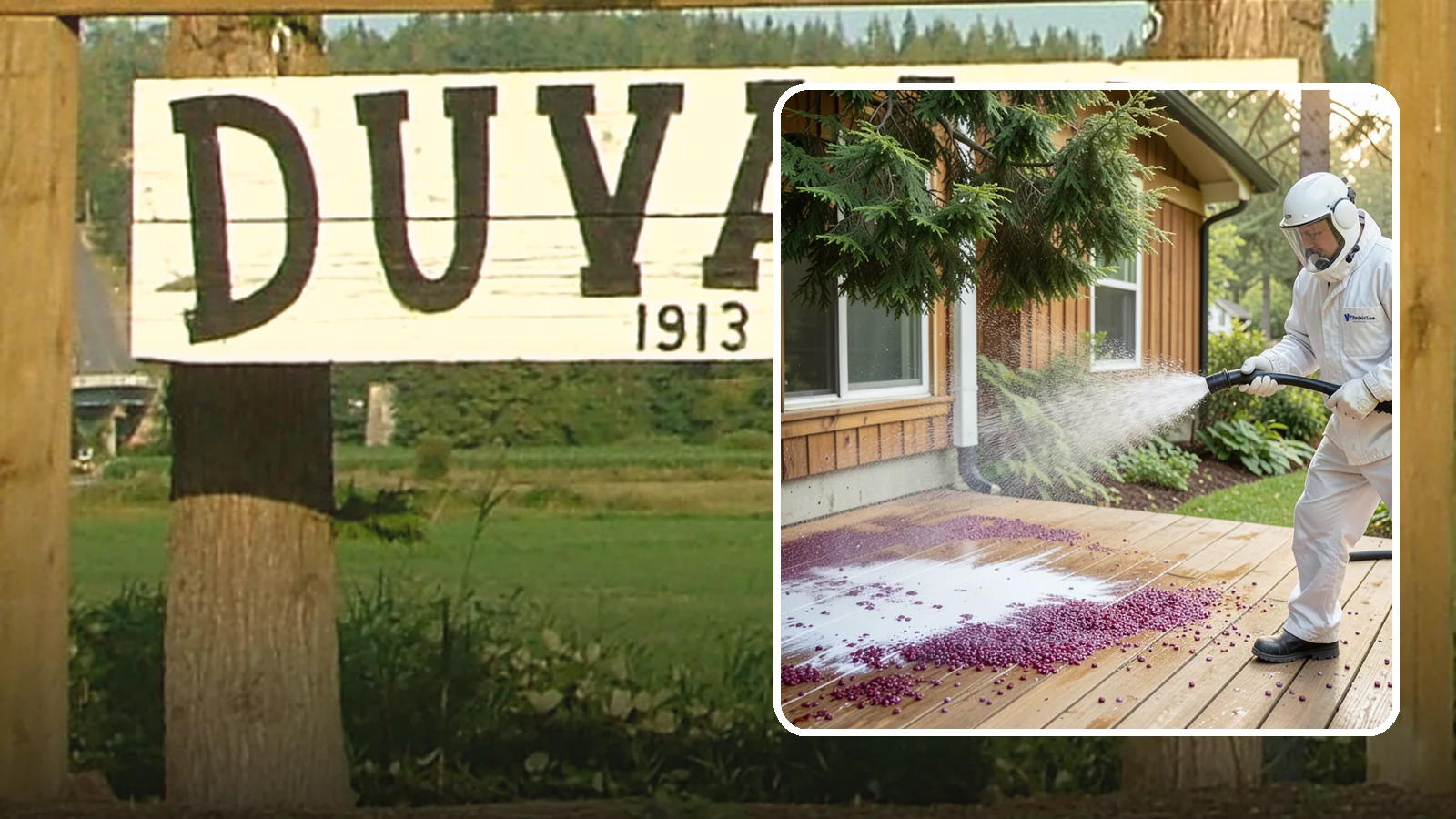 Berry Stain Removal in Duvall, King County, WA - Removal of purple and red berry stains that birds and overhanging shrubs drop onto decks, patios, and walkways.