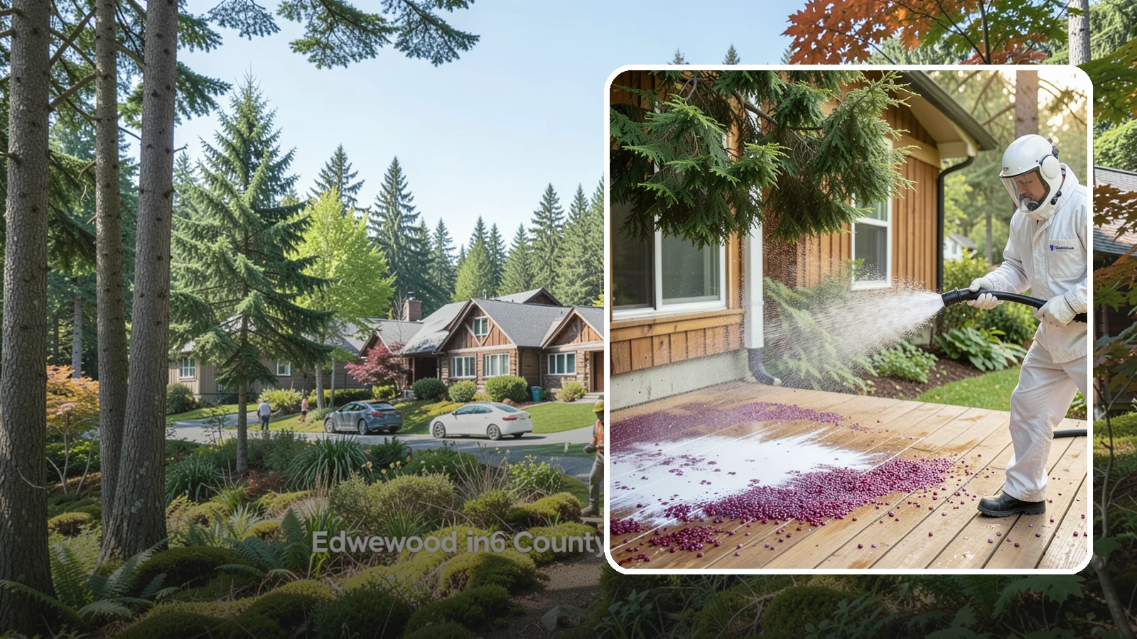 Berry Stain Removal in Edgewood, Pierce County, WA - Removal of purple and red berry stains that birds and overhanging shrubs drop onto decks, patios, and walkways.