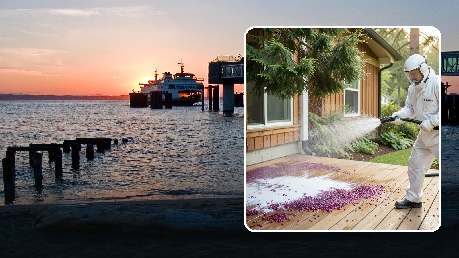 Berry Stain Removal in Edmonds, Snohomish County, WA - Removal of purple and red berry stains that birds and overhanging shrubs drop onto decks, patios, and walkways.