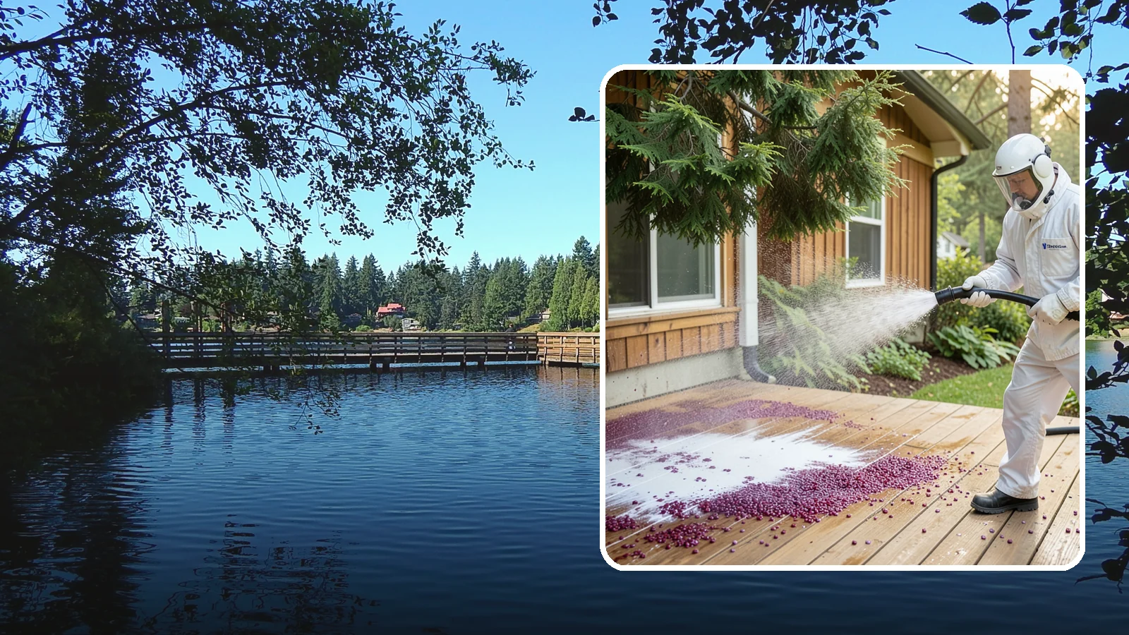 Berry Stain Removal in Federal Way, King County, WA - Removal of purple and red berry stains that birds and overhanging shrubs drop onto decks, patios, and walkways.