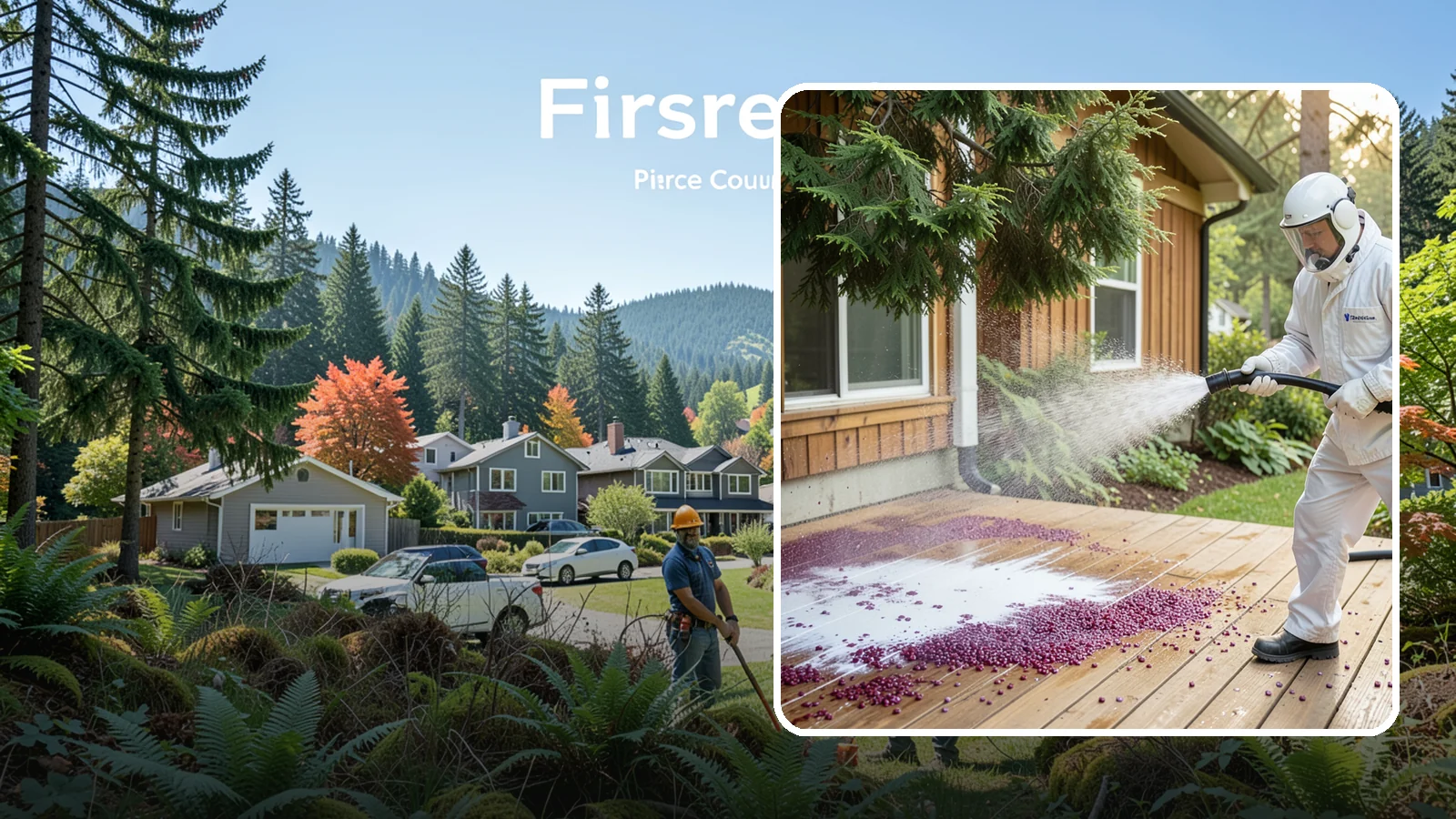 Berry Stain Removal in Fircrest, Pierce County, WA - Removal of purple and red berry stains that birds and overhanging shrubs drop onto decks, patios, and walkways.