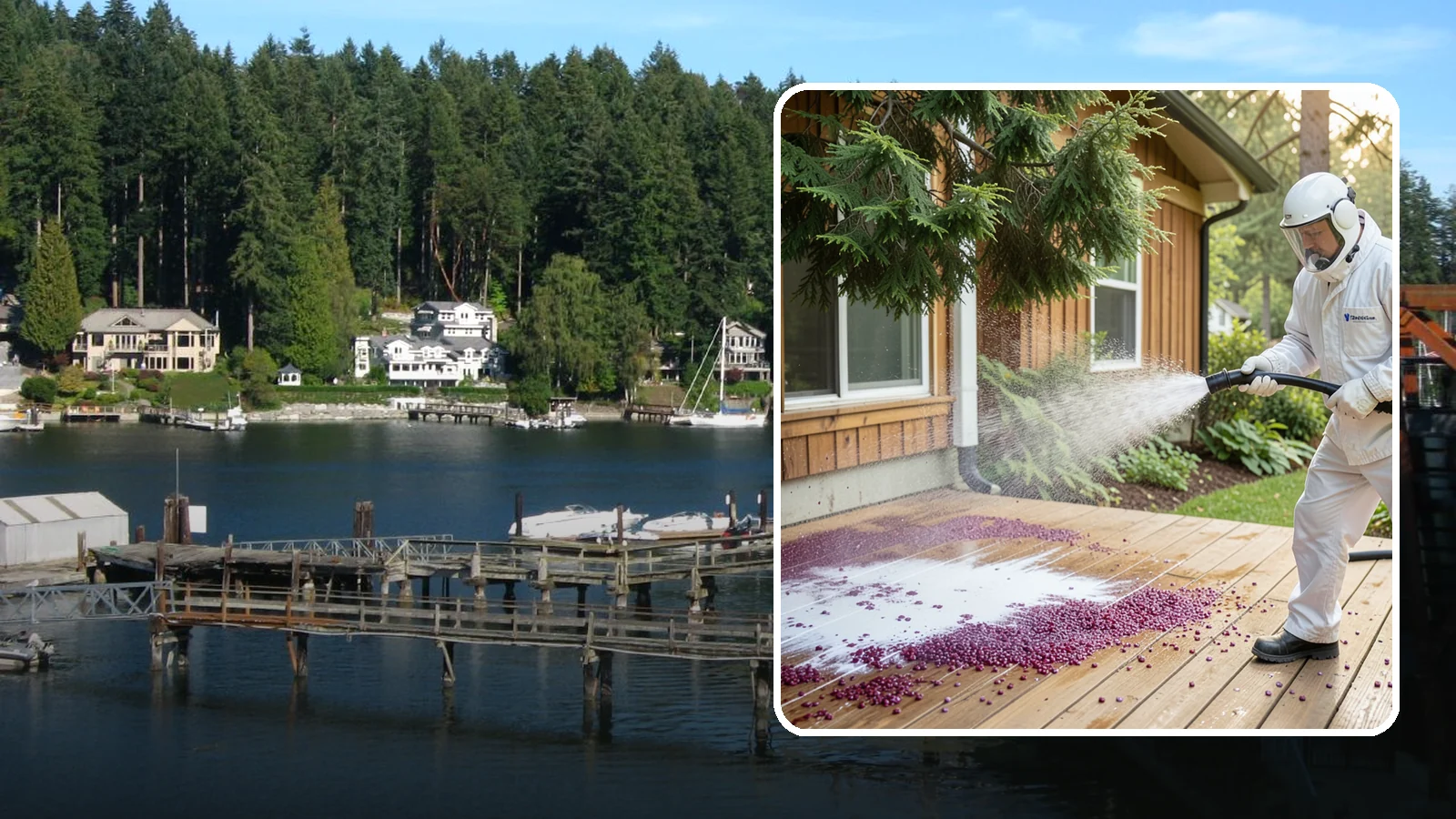 Berry Stain Removal in Gig Harbor, Pierce County, WA - Removal of purple and red berry stains that birds and overhanging shrubs drop onto decks, patios, and walkways.