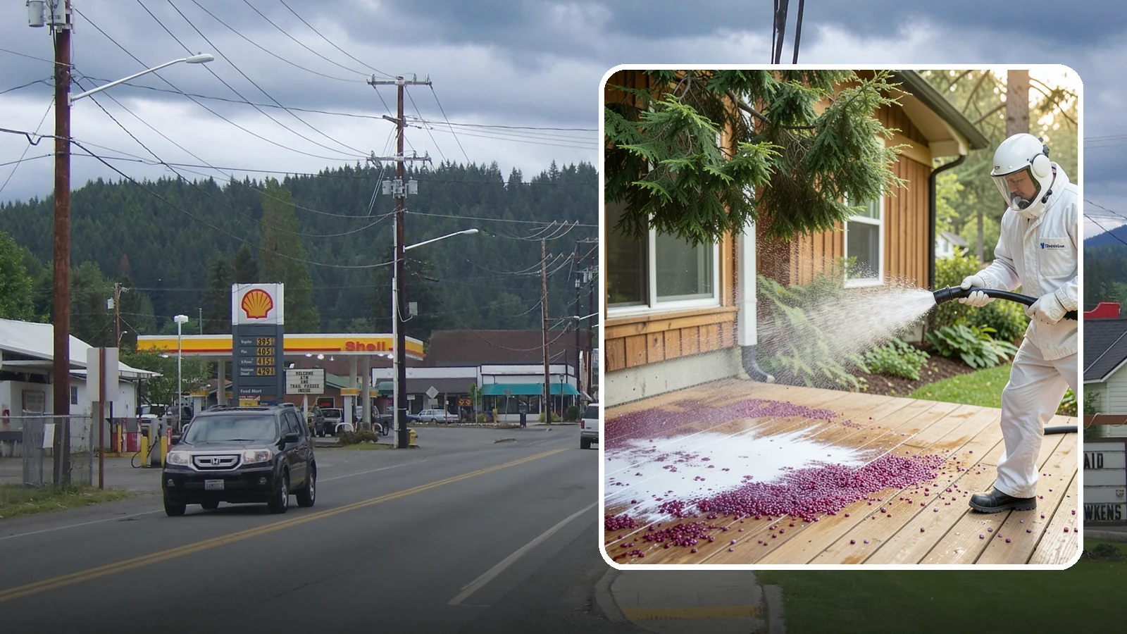 Berry Stain Removal in Granite Falls, Snohomish County, WA - Removal of purple and red berry stains that birds and overhanging shrubs drop onto decks, patios, and walkways.