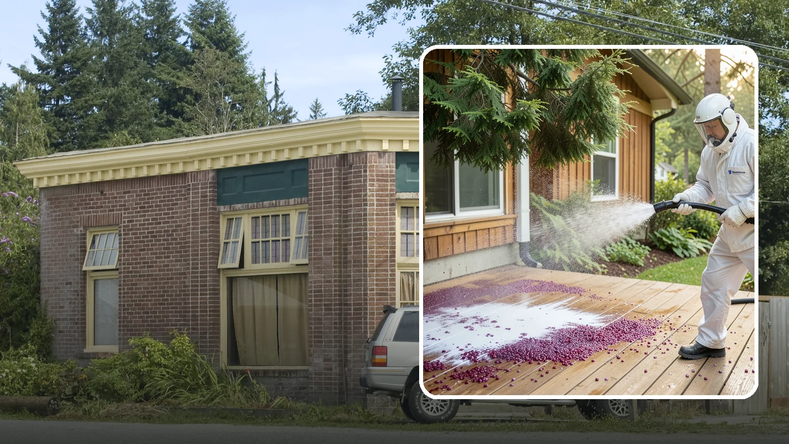 Berry Stain Removal in Hamilton, Skagit County, WA - Removal of purple and red berry stains that birds and overhanging shrubs drop onto decks, patios, and walkways.